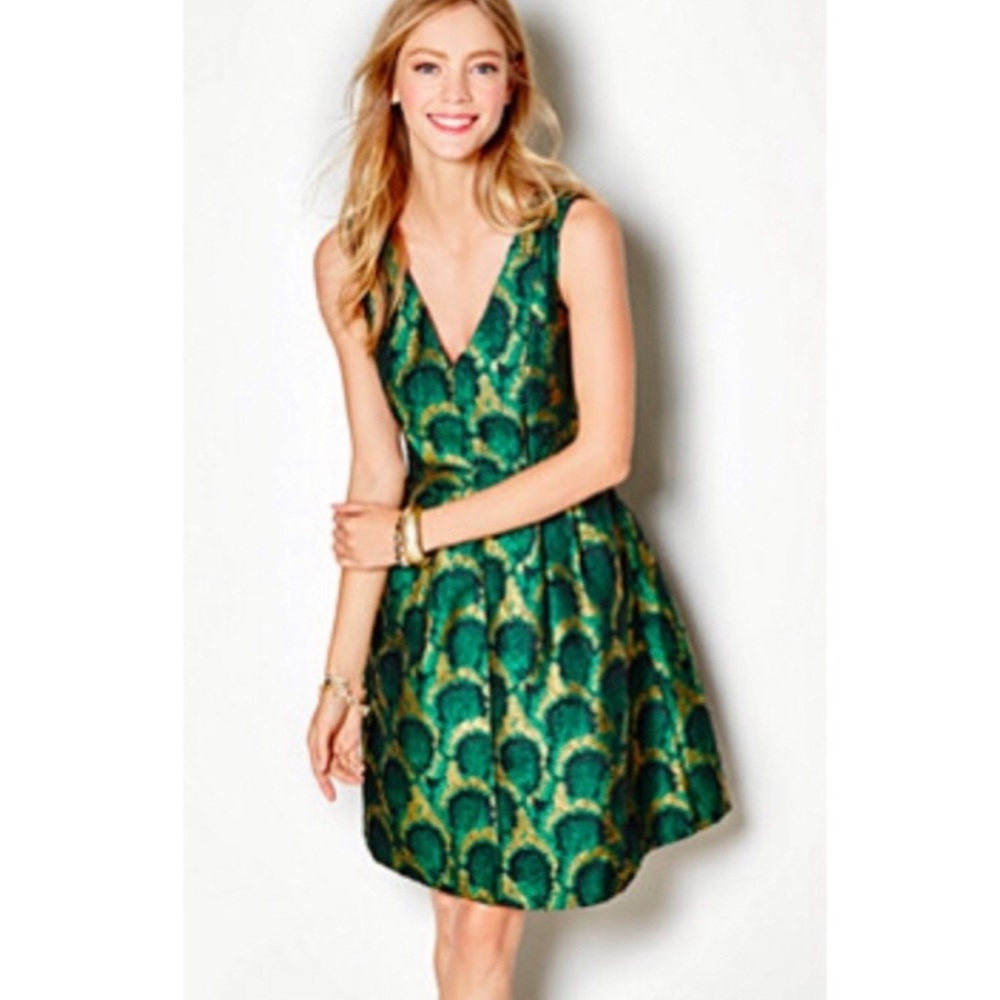 J.Crew green jacquard peacock v neck dress